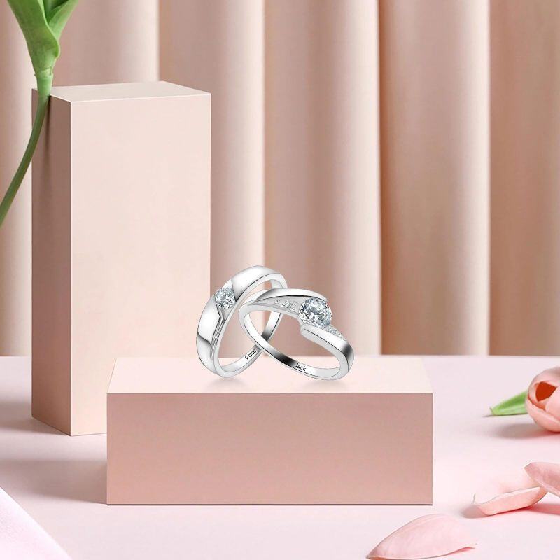 Bagues de couple rondes en argent sterling avec zircon pour unisexe-4