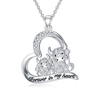 Sterling Silver Round Zircon Cow Pendant Necklace with Engraved Word-14