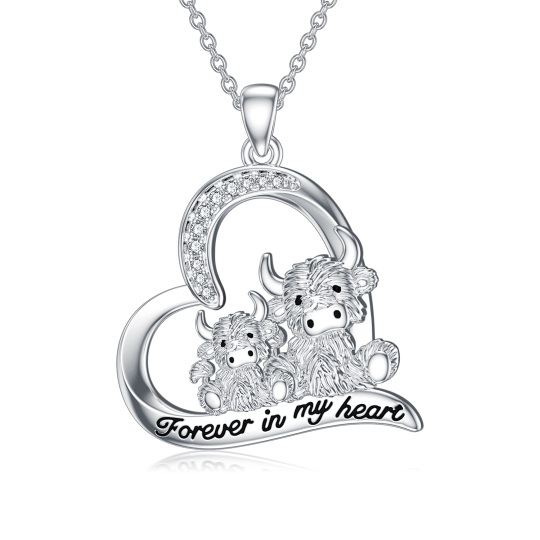 Sterling Silver Round Zircon Cow Pendant Necklace with Engraved Word