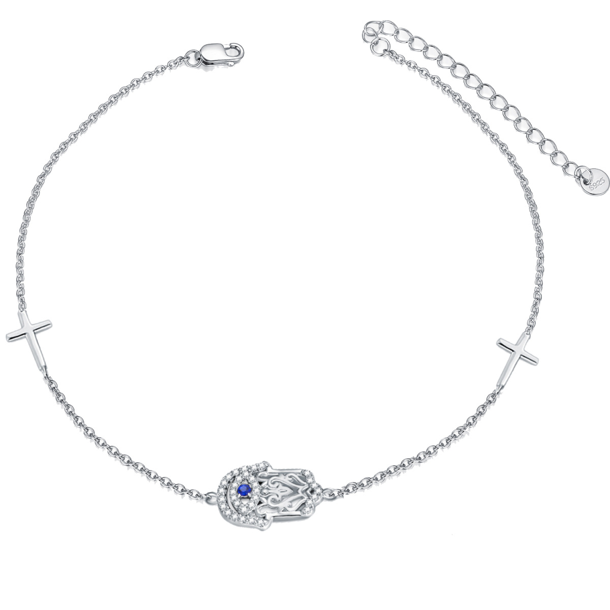 Sterling Silver Hamsa Hand Cross Evil Eye Charm Bracelet With Cubic Zirconia-1