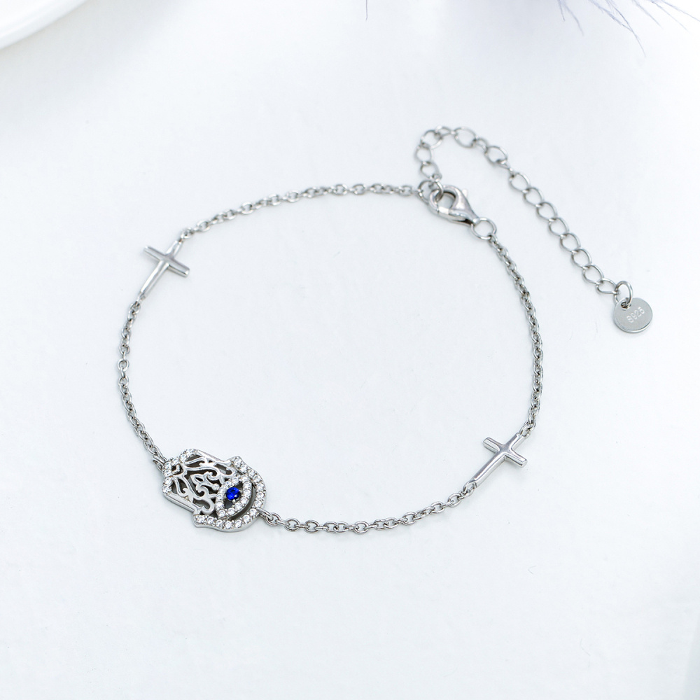 Sterling zilveren Hamsa Hand Cross boze oog bedelarmband met zirkonia-3