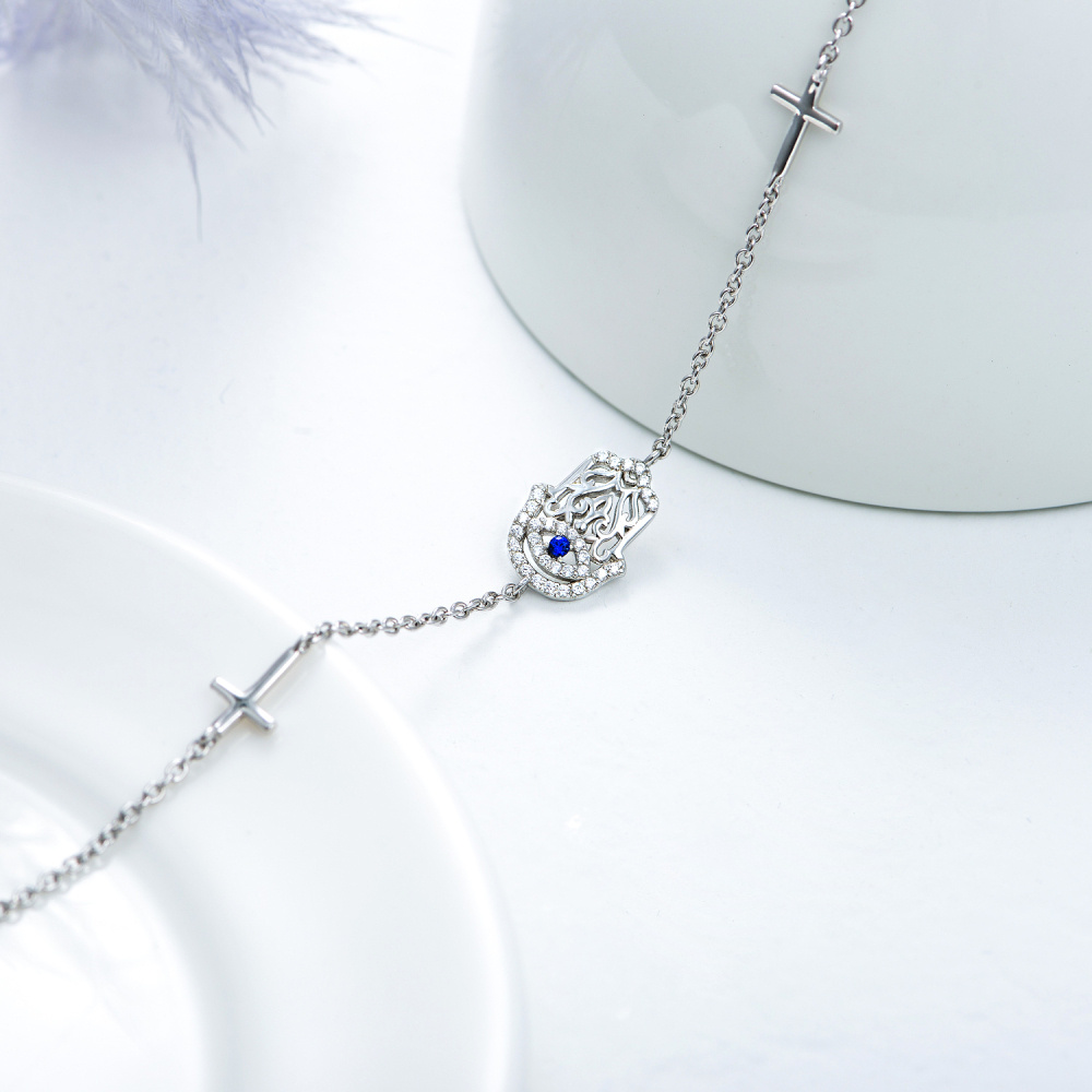 Sterling zilveren Hamsa Hand Cross boze oog bedelarmband met zirkonia-4