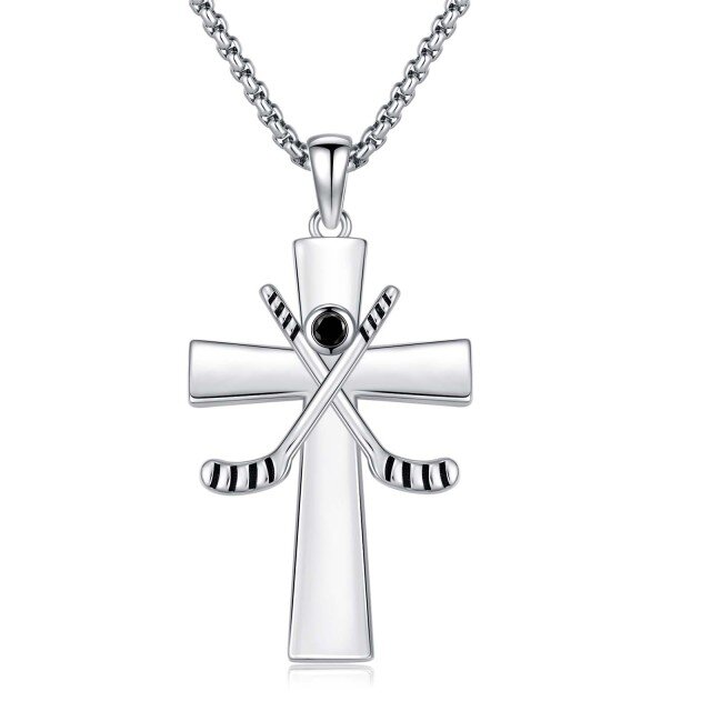 Collana con ciondolo a forma di croce e hockey in argento sterling con parola incisa-1