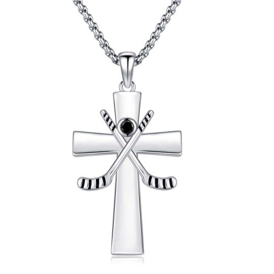 Sterling Silver Round Zircon Cross & Hockey Pendant Necklace with Engraved Word