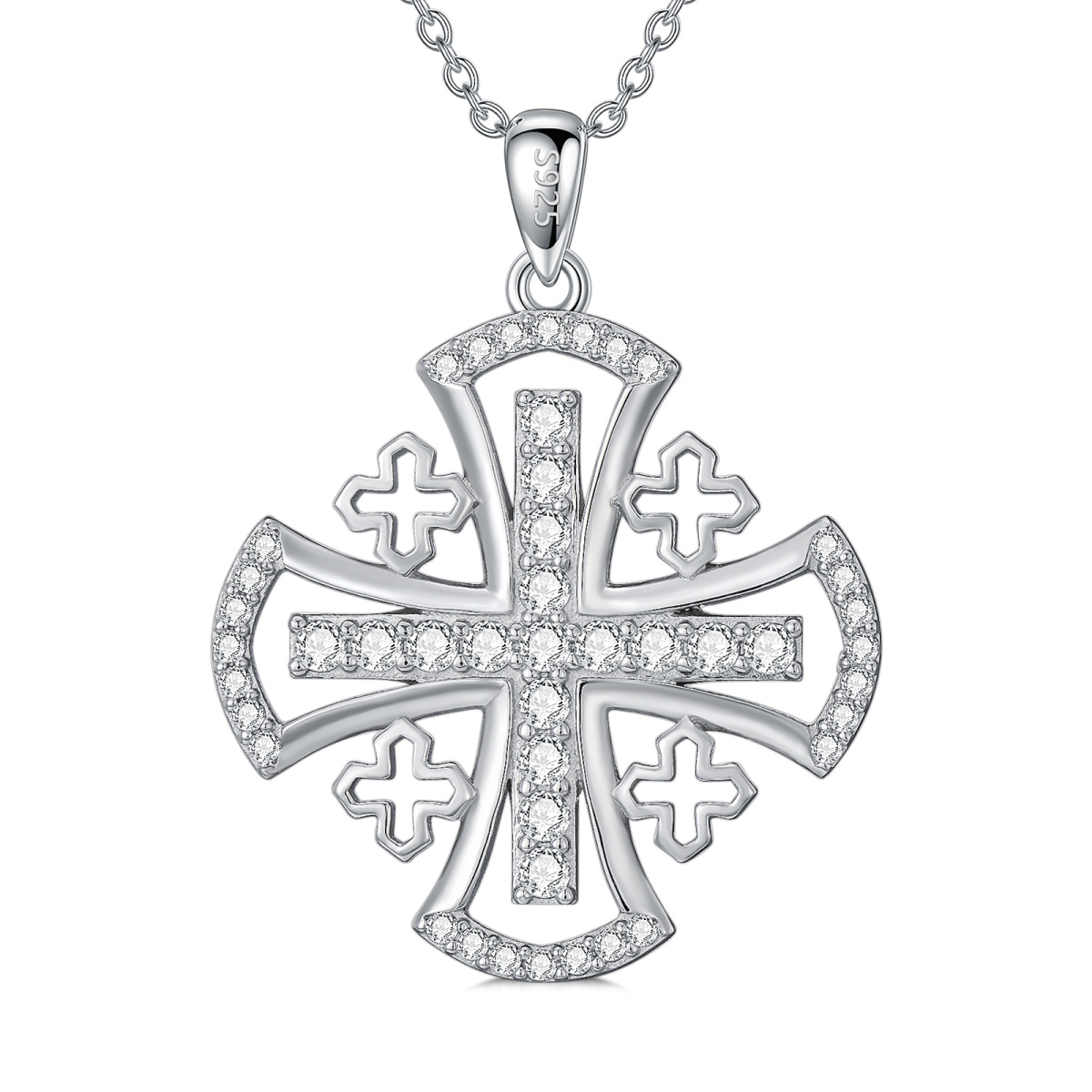 Sterling Silver Round Zircon Cross Pendant Necklace-1