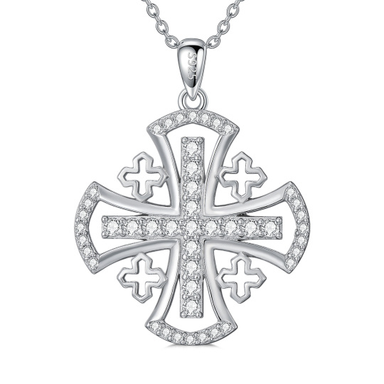 Sterling Silver Round Zircon Cross Pendant Necklace