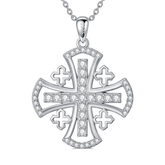 Sterling Silver Round Zircon Cross Pendant Necklace-1