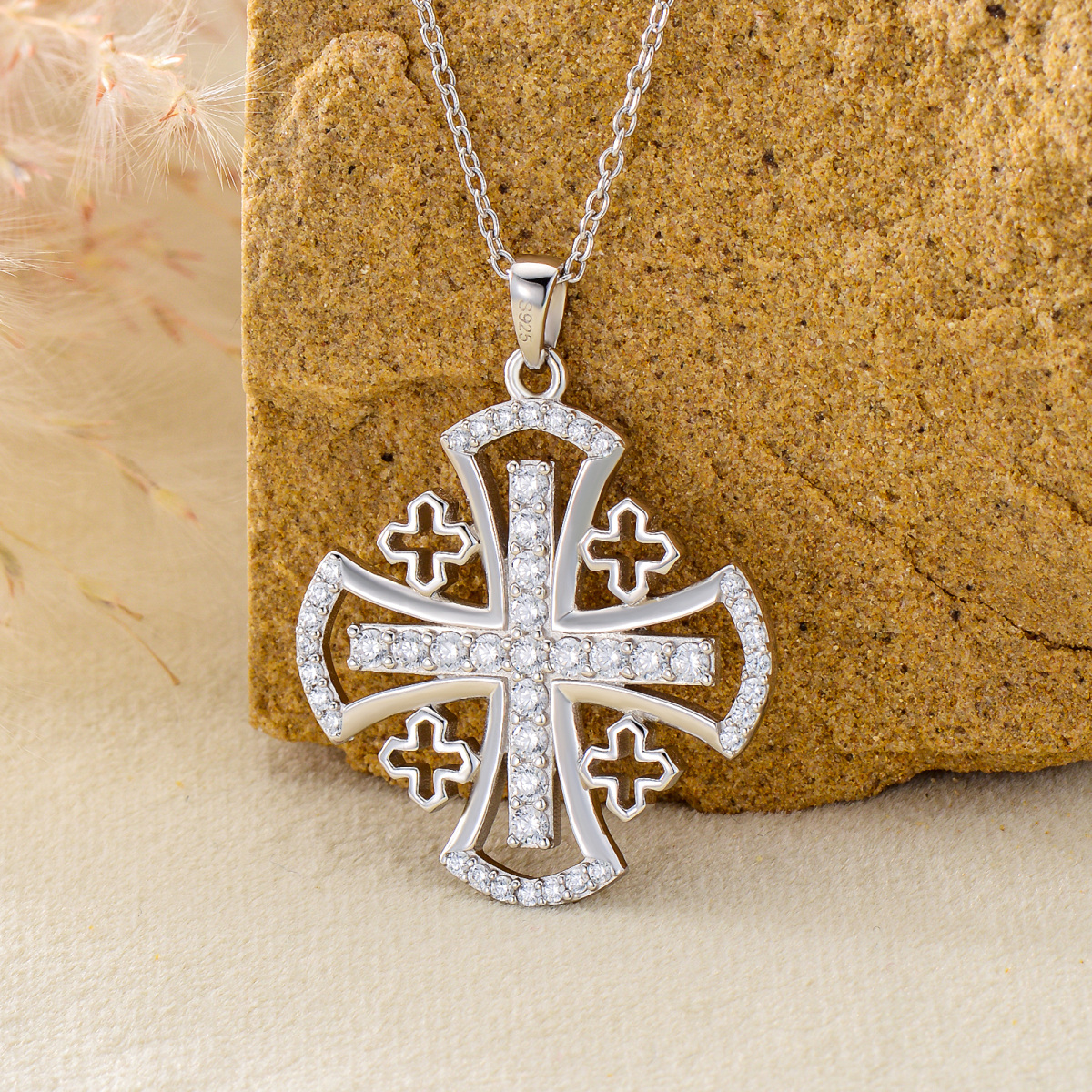 Sterling Silver Round Zircon Cross Pendant Necklace-4