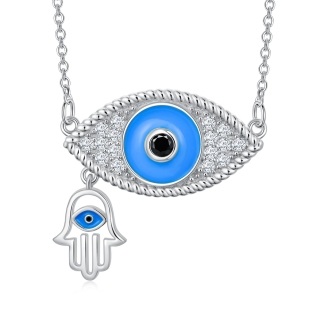 Sterling Silver Round Zircon Devil's Eye & Hand Of Fatima Pendant Necklace-40