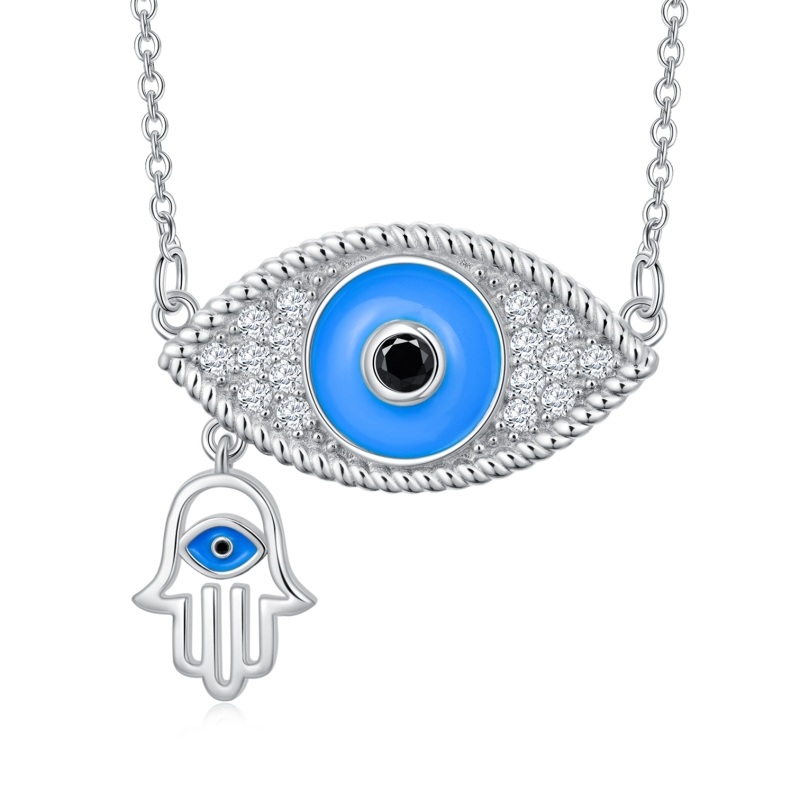 Sterling Silver Round Zircon Devil's Eye & Hand Of Fatima Pendant Necklace-17