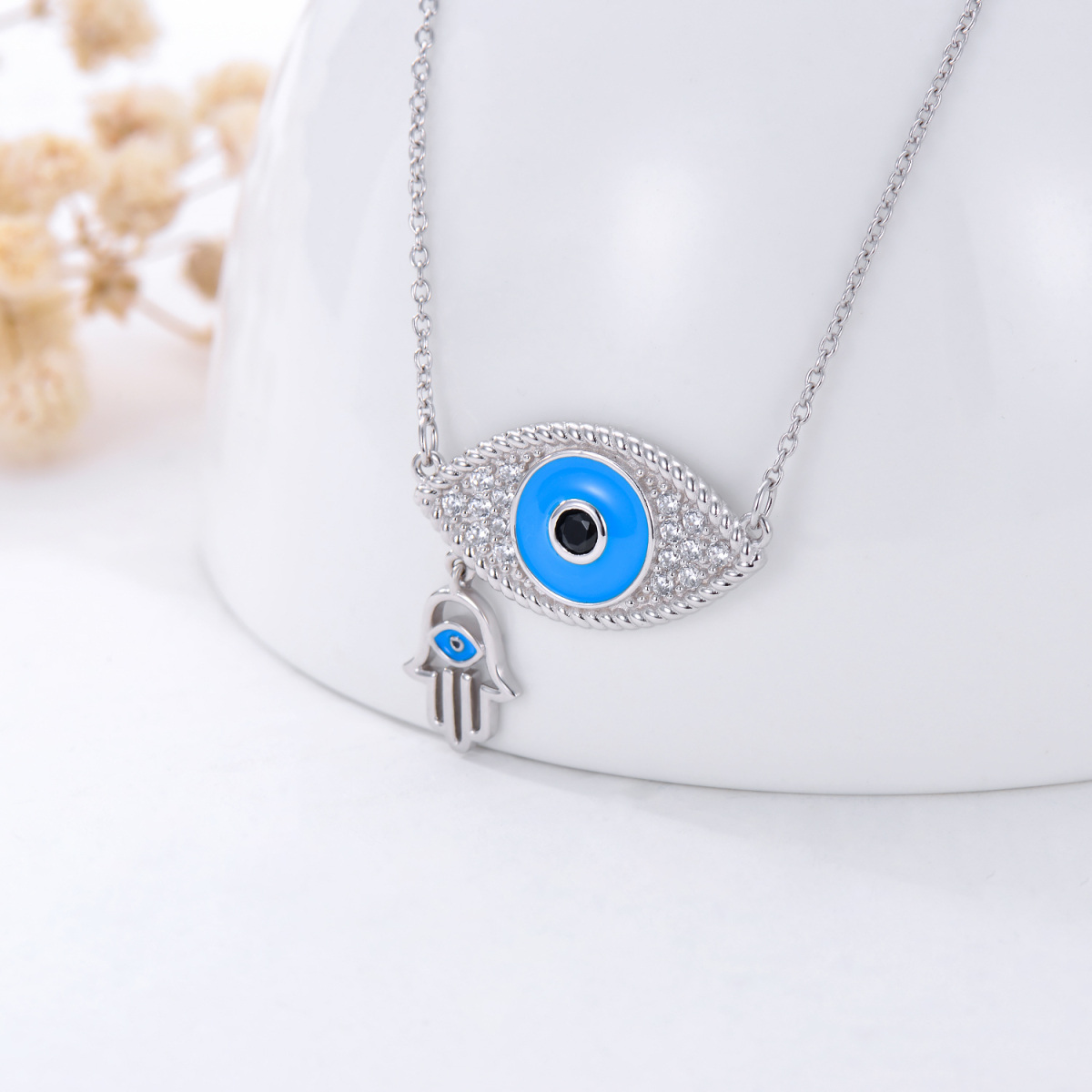 Sterling Silver Round Zircon Devil's Eye & Hand Of Fatima Pendant Necklace-3