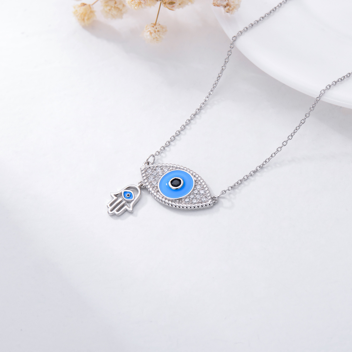 Sterling Silver Round Zircon Devil's Eye & Hand Of Fatima Pendant Necklace-4