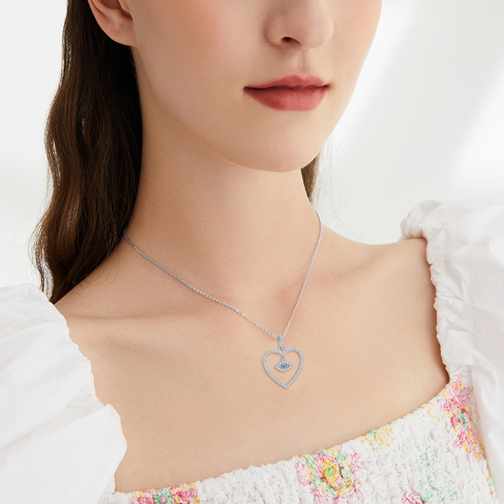 Sterling Silver Round Zircon Devil's Eye Pendant Necklace-2