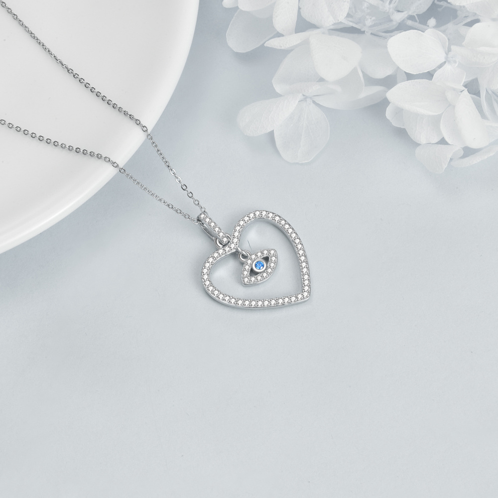 Sterling Silver Round Zircon Devil's Eye Pendant Necklace-4