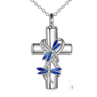 Sterling Silver Round Zircon Dragonfly & Cross Urn Necklace for Ashes with Engraved Word-48