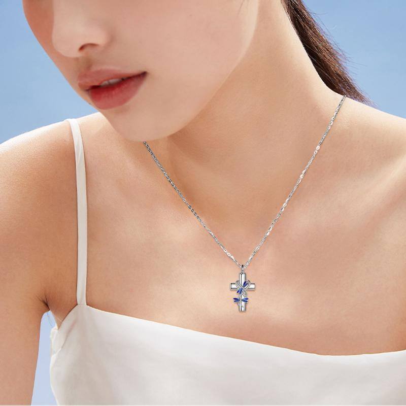 Collier Urne en argent sterling avec mot gravé en zircon rond libellule et croix-2