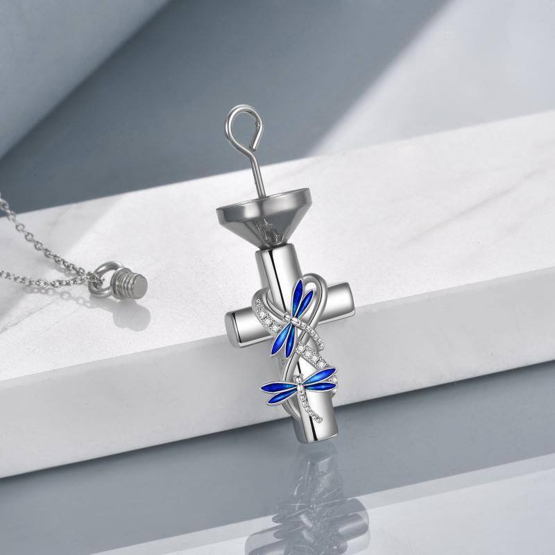 Collier Urne en argent sterling avec mot gravé en zircon rond libellule et croix-3