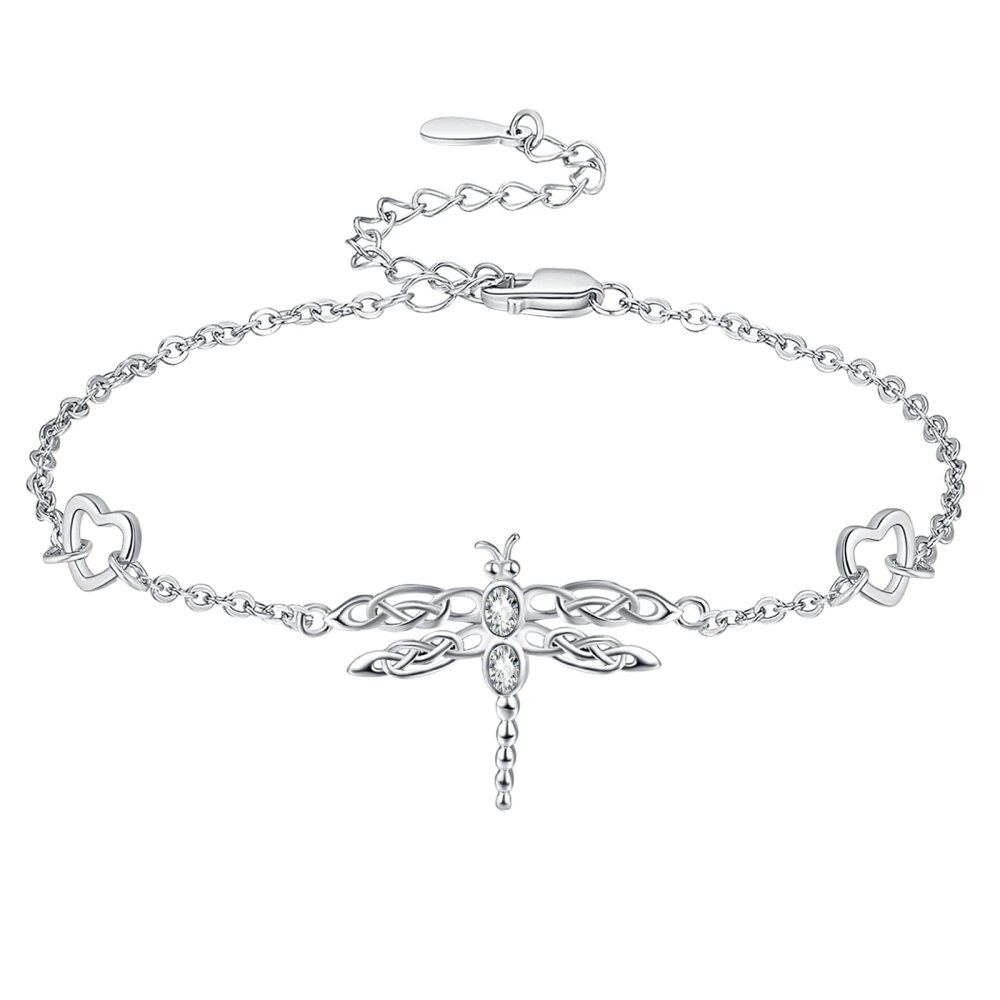 Sterling Silver Round Zircon Dragonfly & Heart Charm Bracelet-1