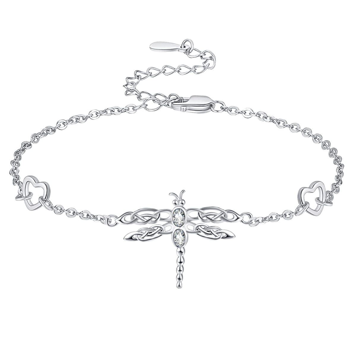 Sterling Silver Round Zircon Dragonfly & Heart Pendant Bracelet-1