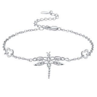 Sterling Silver Round Zircon Dragonfly & Heart Pendant Bracelet-3