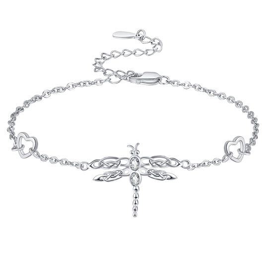 Bracelet en argent sterling avec pendentif libellule et coeur en zircon rond