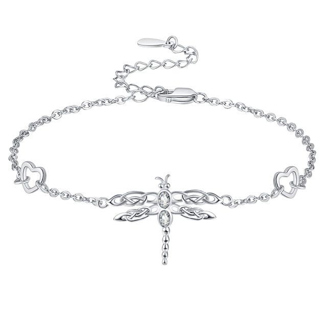 Sterling Silver Round Zircon Dragonfly & Heart Pendant Bracelet-2