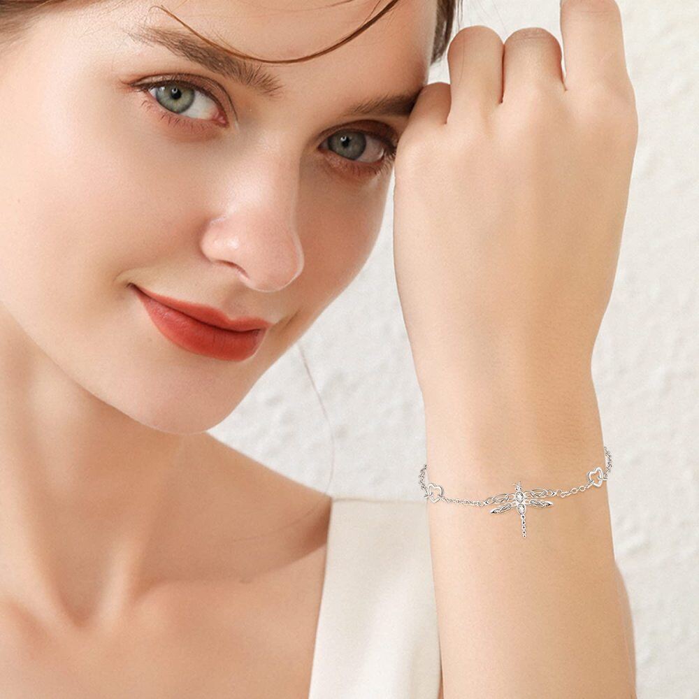 Sterling Silver Round Zircon Dragonfly & Heart Charm Bracelet-3
