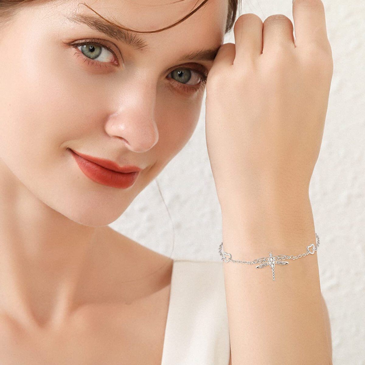 Bracelet en argent sterling avec pendentif libellule et coeur en zircon rond-3