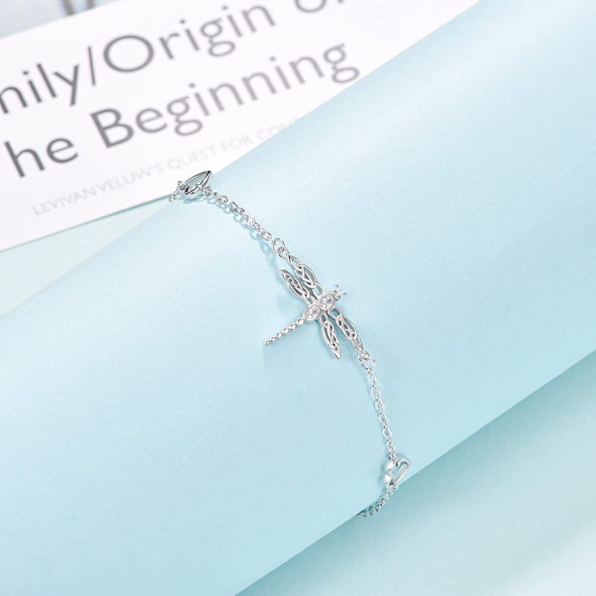 Sterling Silver Round Zircon Dragonfly & Heart Pendant Bracelet-4