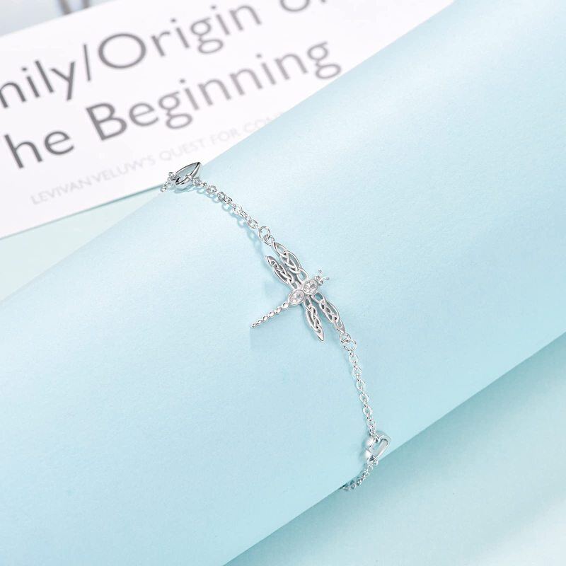 Sterling Silver Round Zircon Dragonfly & Heart Charm Bracelet-4