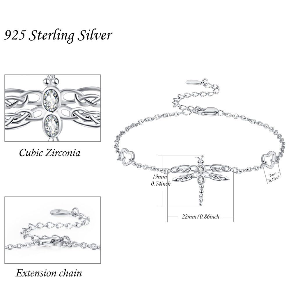 Sterling Silver Round Zircon Dragonfly & Heart Charm Bracelet-5