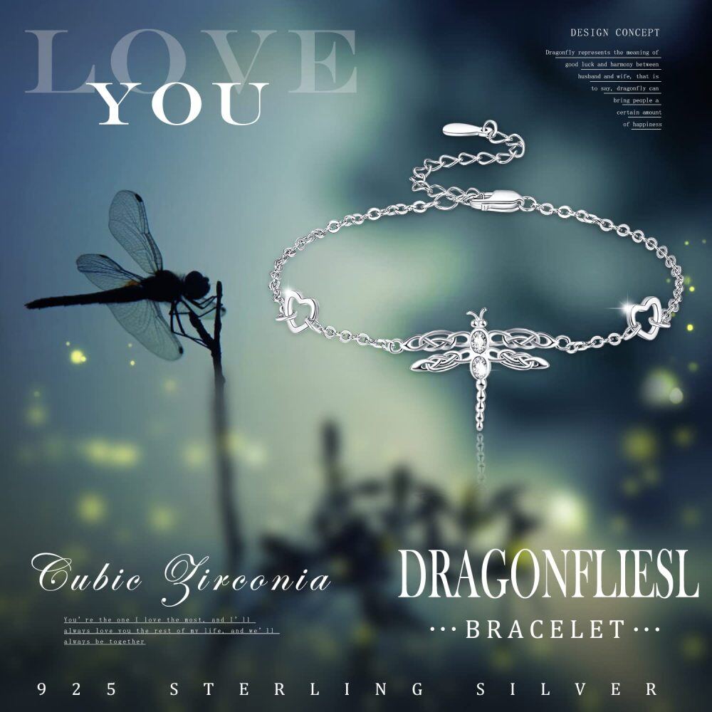 Sterling Silver Round Zircon Dragonfly & Heart Charm Bracelet-6