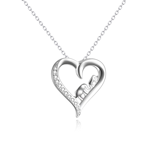 Sterling Silver Round Zircon Elephant & Heart Pendant Necklace