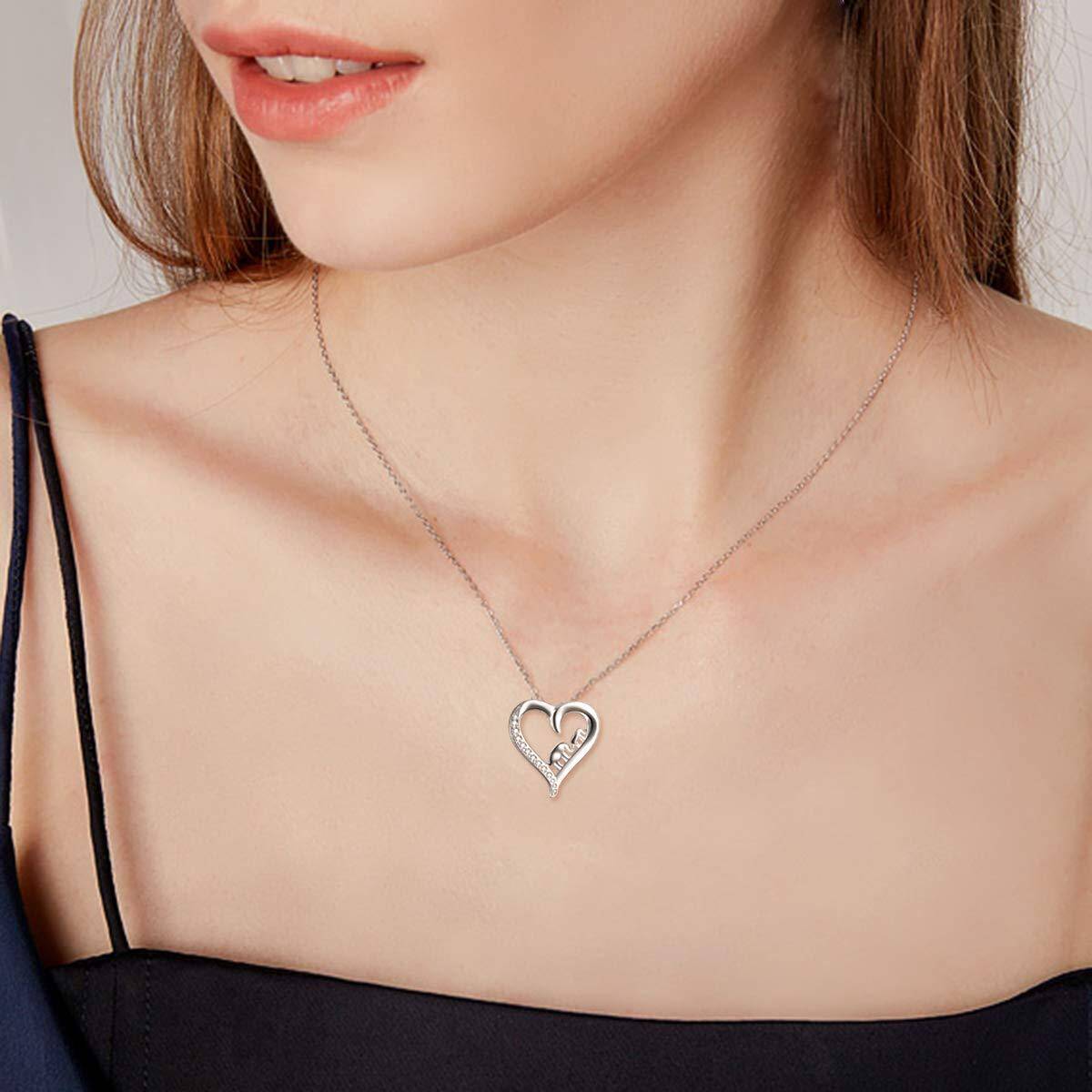 Collar con colgante de corazón de elefante con circonitas redondas de plata de ley-2