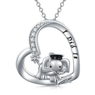 Sterling Silver Round Zircon Elephant & Heart Pendant Necklace with Engraved Word-46