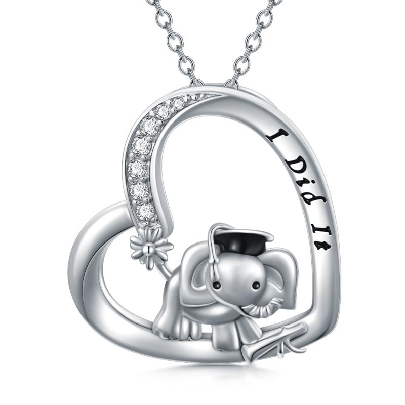 Sterling Silver Round Zircon Elephant & Heart Pendant Necklace with Engraved Word-17