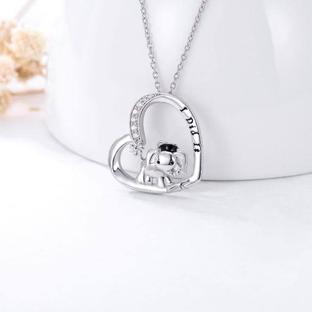 Sterling Silver Round Zircon Elephant & Heart Pendant Necklace with Engraved Word-4