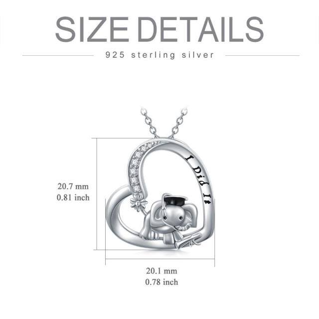 Sterling Silver Round Zircon Elephant & Heart Pendant Necklace with Engraved Word-5