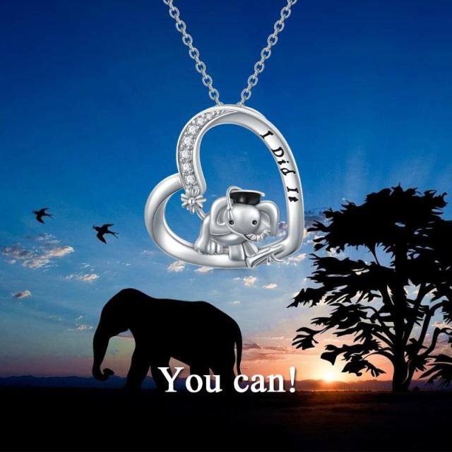 Sterling Silver Round Zircon Elephant & Heart Pendant Necklace with Engraved Word-6