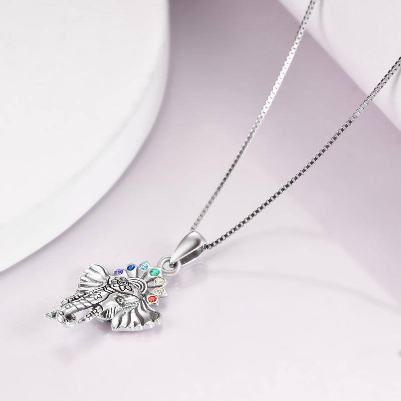 Sterling Silver Round Zircon Elephant Pendant Necklace-4