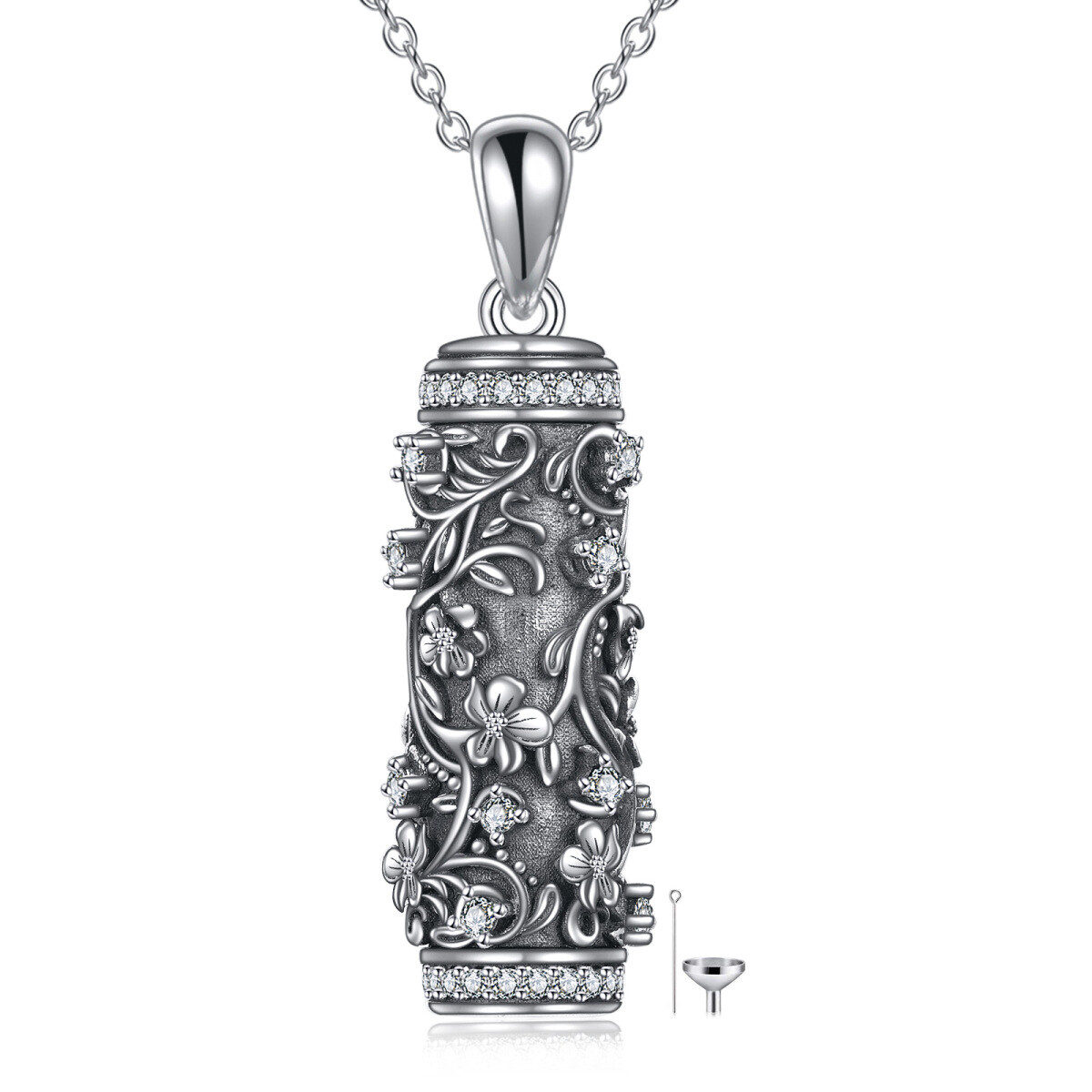 Collier d'urne pour cendres en argent sterling avec pendentif fleur et lierre en zircon rond-1