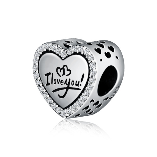 Sterling Silver Round Zircon Heart Bead Charm with Engraved Word