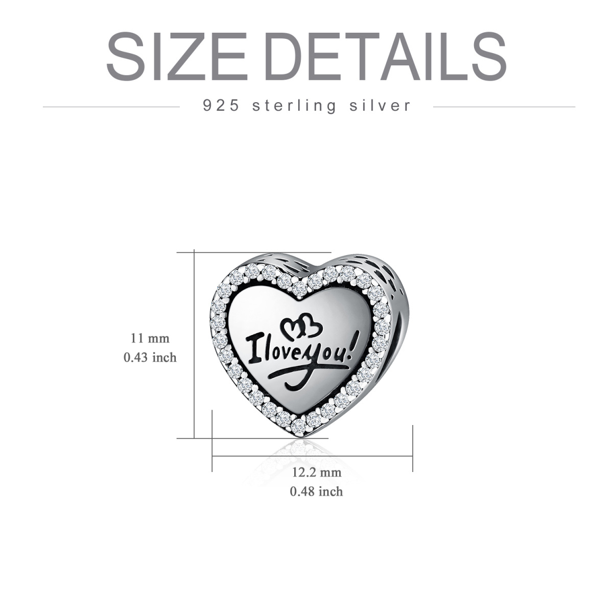 Sterling Silver Round Zircon Heart Bead Charm with Engraved Word-5