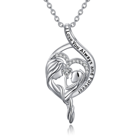 Sterling Silver Round Zircon Heart & Infinity Symbol Pendant Necklace with Engraved Word