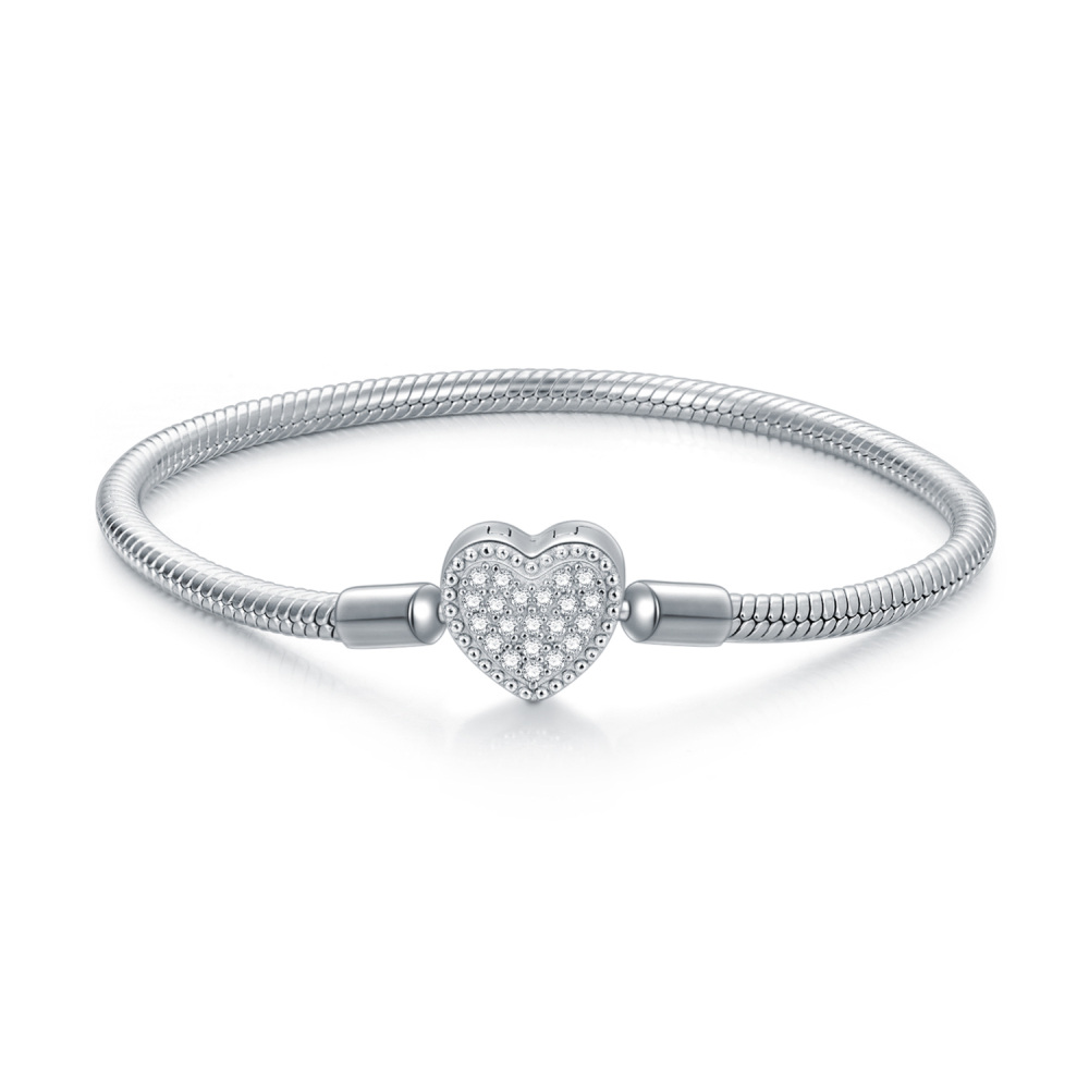 Sterling Silver Round Zircon Heart Charm Bracelet-1