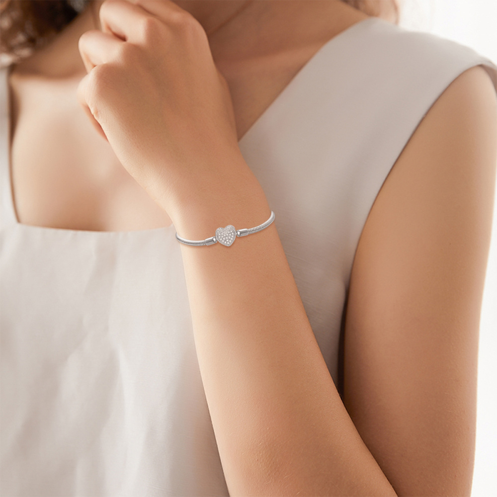Sterling Silver Round Zircon Heart Charm Bracelet-2