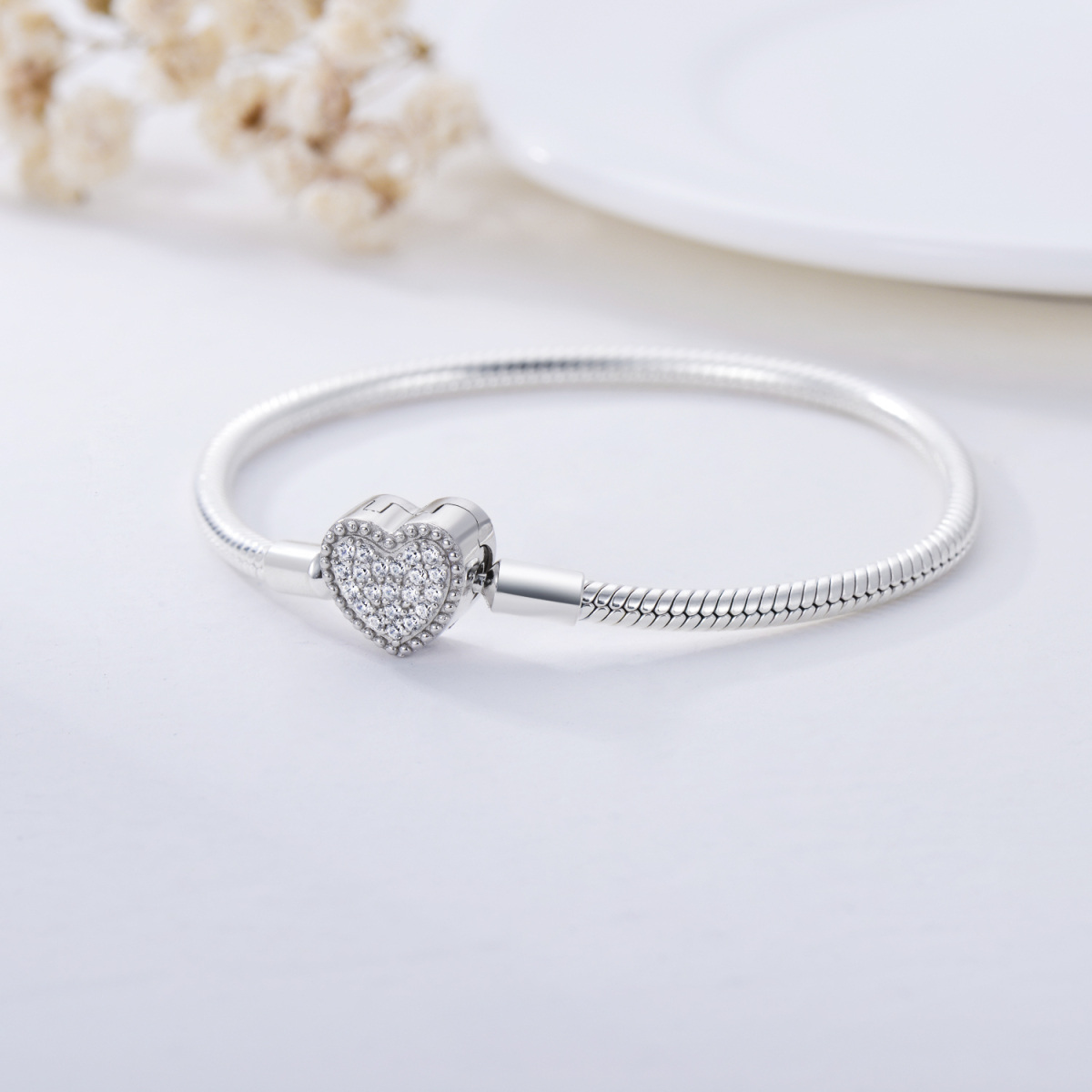 Sterling Silver Round Zircon Heart Pendant Bracelet-3