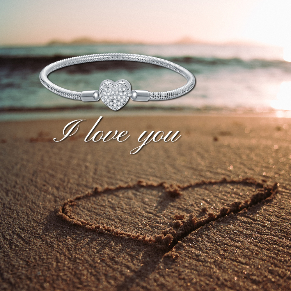 Sterling Silver Round Zircon Heart Charm Bracelet-5
