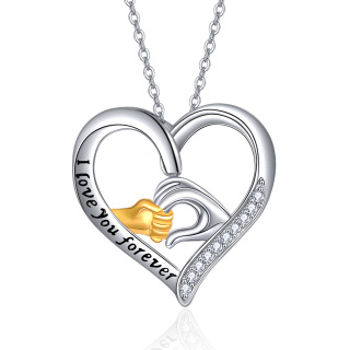 Sterling Silver Round Zircon Heart Pendant Necklace with Engraved Word-4