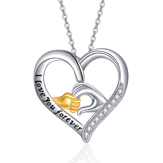 Sterling Silver Round Zircon Heart Pendant Necklace with Engraved Word